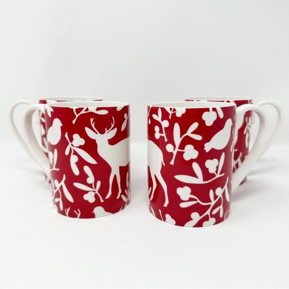 SET OF‎ 4 MARTHA STEWART WOODLAND PARK DEER BIRDS FOLIAGE MUG SET - Picture 1 of 9